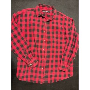 Urban Freedom Men Large Red‎ Black Plaid Flannel Long Sleeve Button Down Shirt